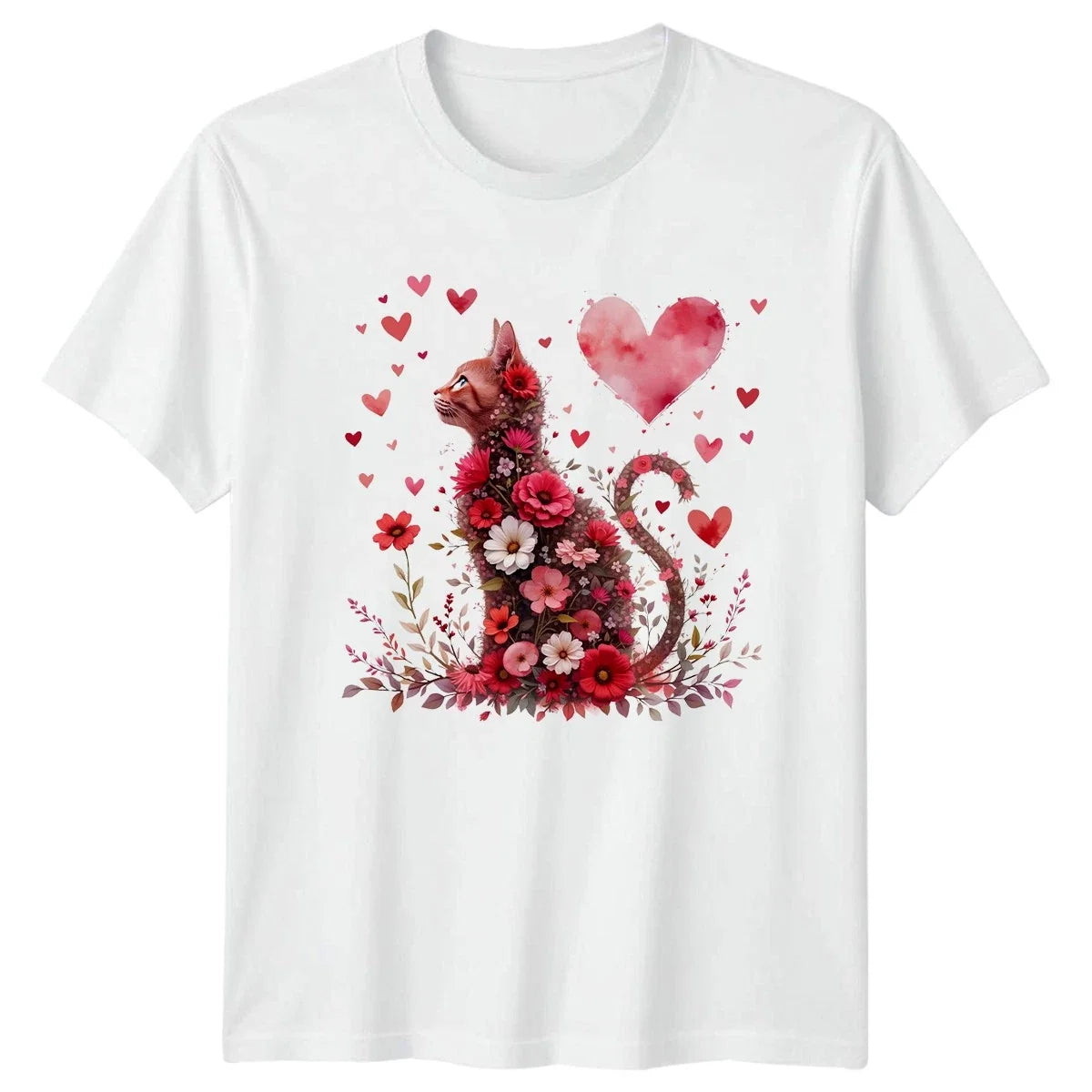 Cat Floral Heart Animals Mens Womens Graphic Tee Feline Lover Unisex