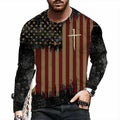 T Shirt Men's Distressed USA American Flag Cross Long Sleeve Patriotic Silky Tee Unisex