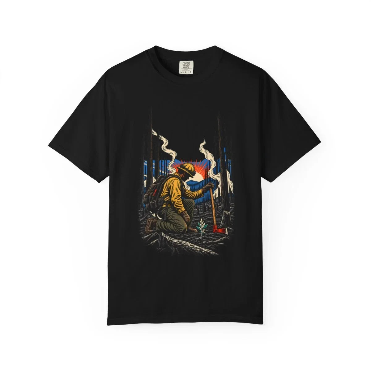 Burned Forest Wildland Firefighter T-Shirt Black Front Print Comfort Colors 1717