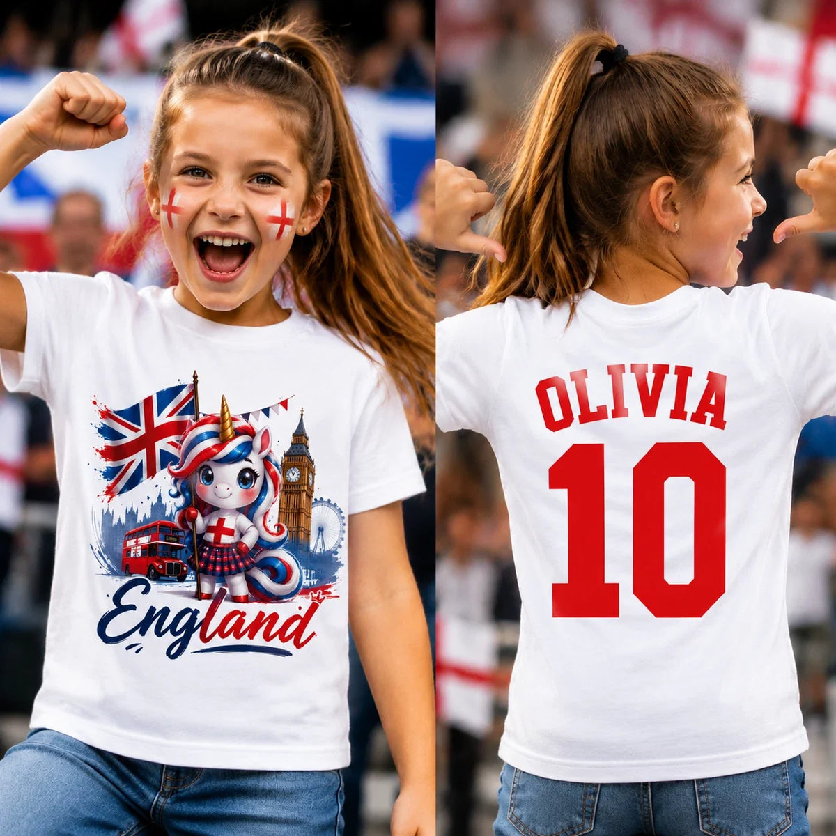 Personalised England Unicorn T Shirt, Custom Name Number Supporter Tee Unisex