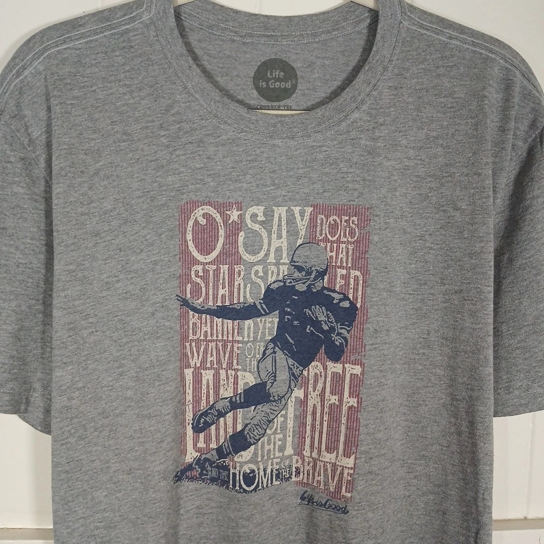 Life Is Good Star Spangled USA Football Crusher Tee Men's Large Gray SS Unisex