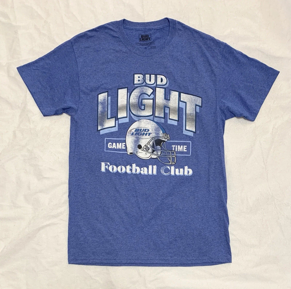 New Bud Light Mens M Beer Game Time Football Club #82 Graphic Tee Blue Unisex
