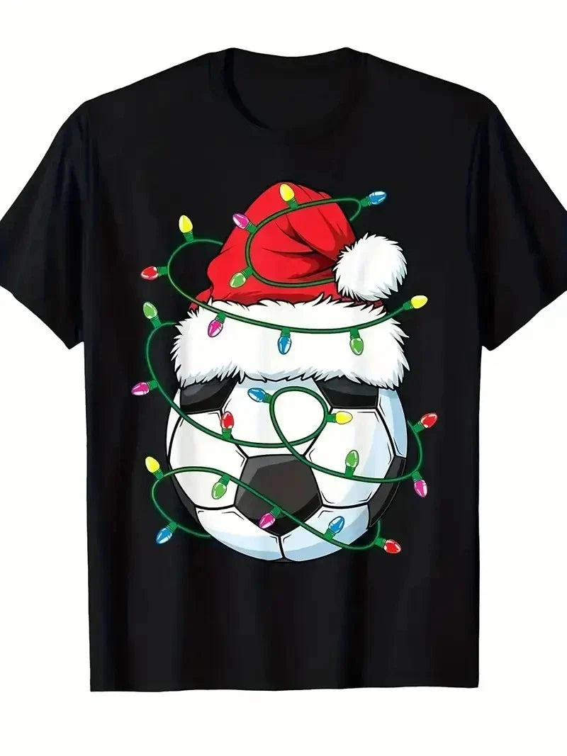 Boys' Black Soccer Football Christmas Lights with Santa & Goalpost Print Unisex