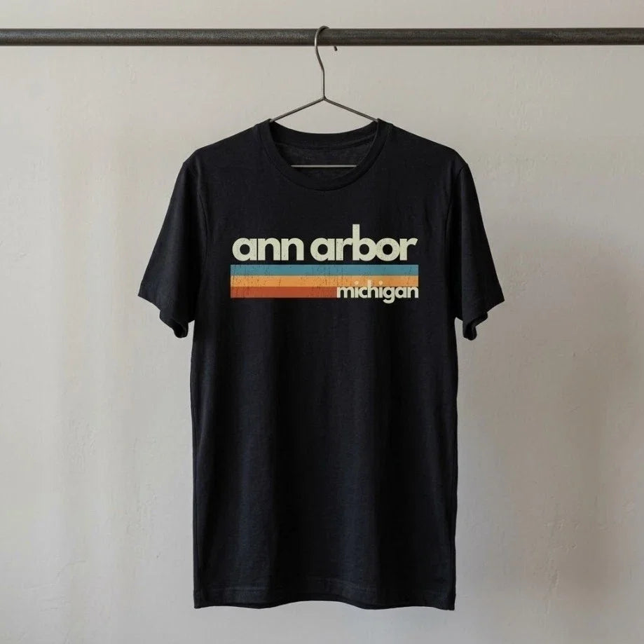 Ann Arbor Michigan Shirt Distressed 70s Striped Souvenir Hometown Graphic Tee Unisex