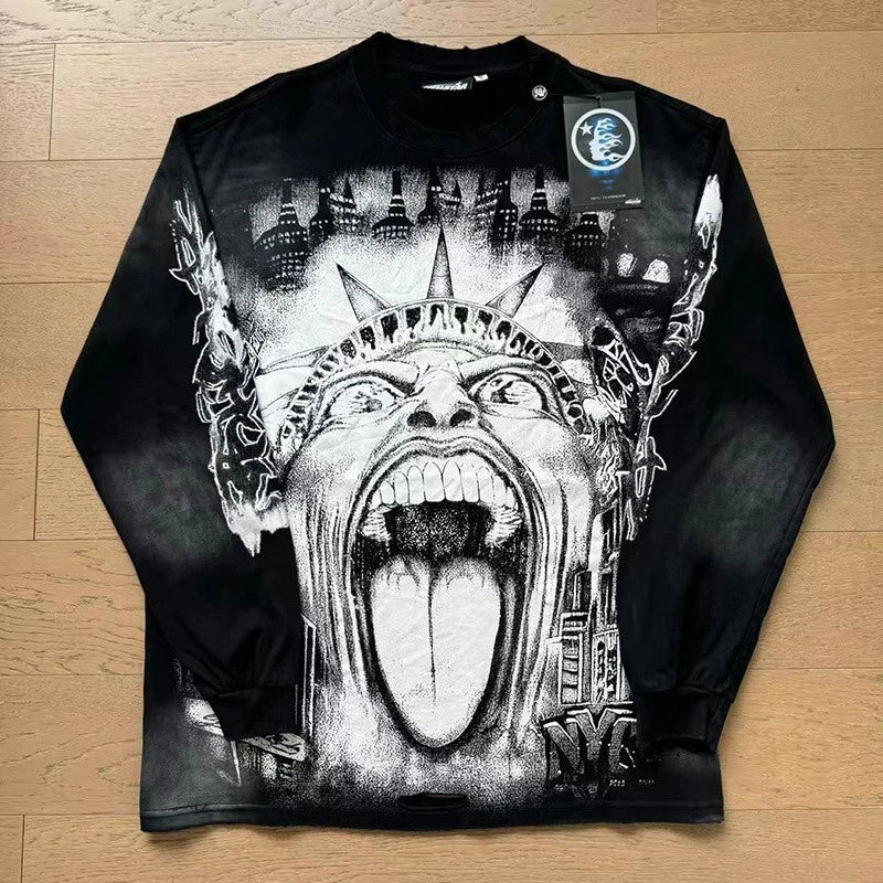 Hell Studios star Mocking the Statue of Liberty print Men's Long Sleeve Unisex