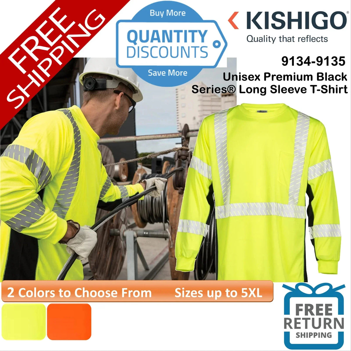 🔥 Kishigo Unisex Premium Black Series Long Sleeve Up To 5XL 9134-9135 Unisex