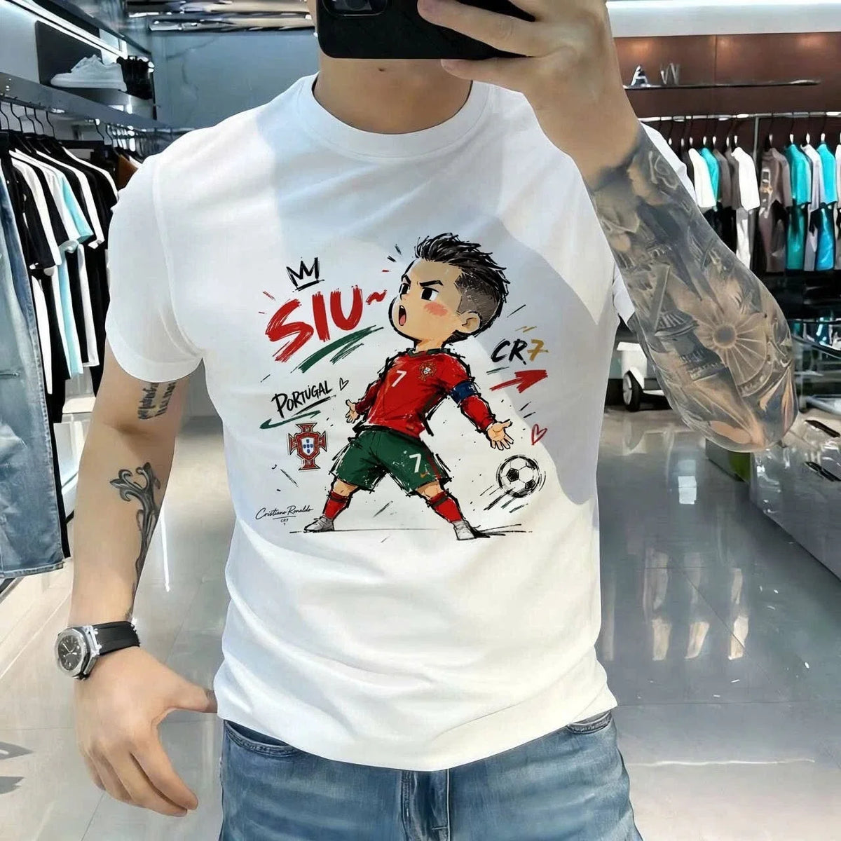 Cristiano Ronaldo CR7 Cartoon Graphic Portugal Soccer Fan Tee White Unisex