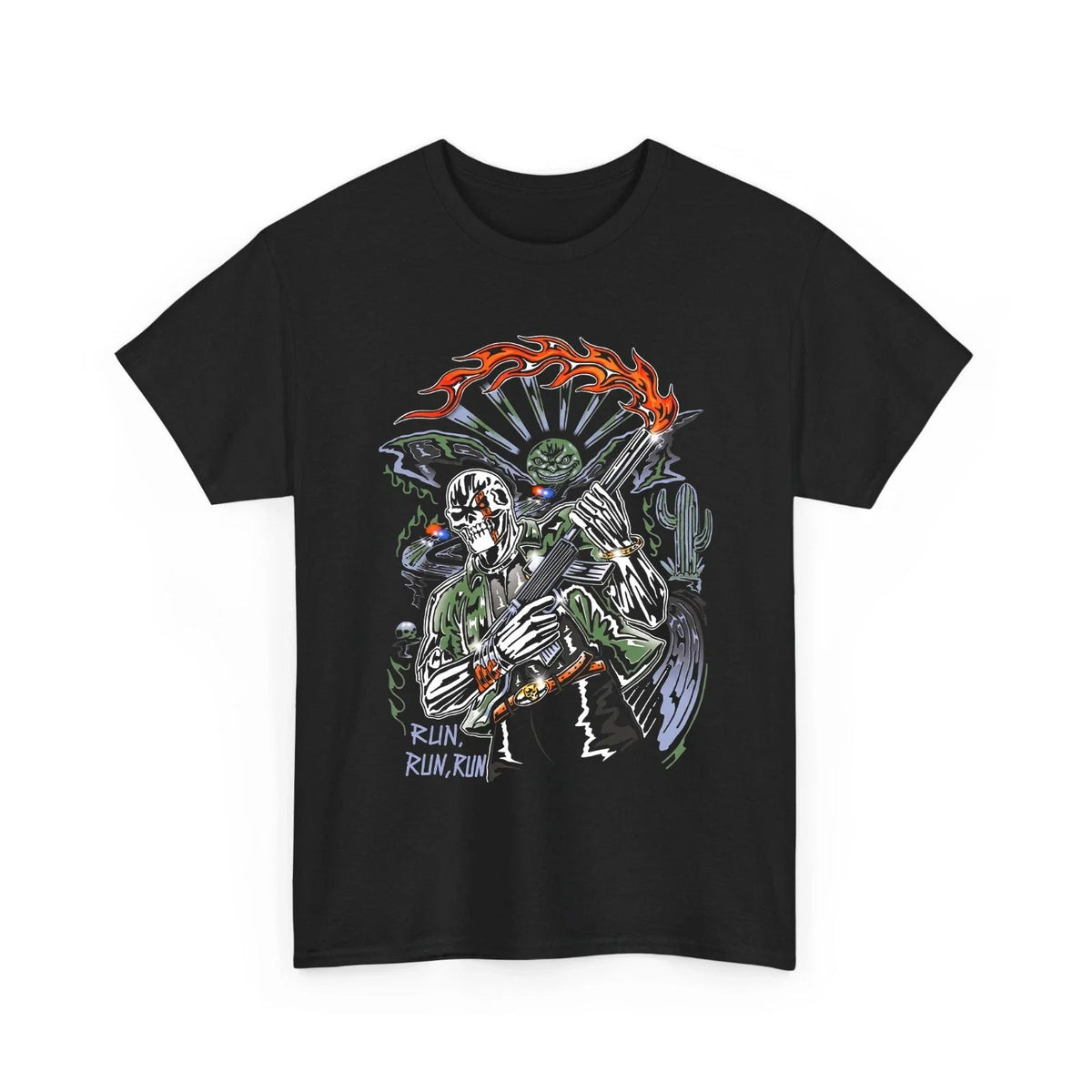Run Run Run Skeleton Flamethrower Graphic Tee Unisex