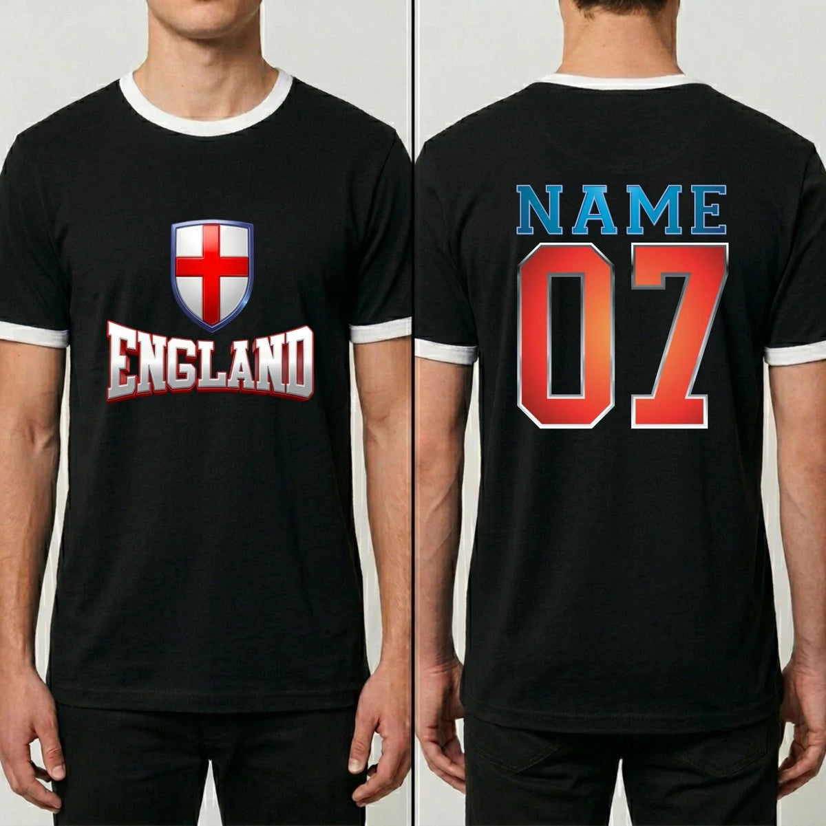 Personalised 3D Effect England Football Ringer Custom Name Number Top Unisex
