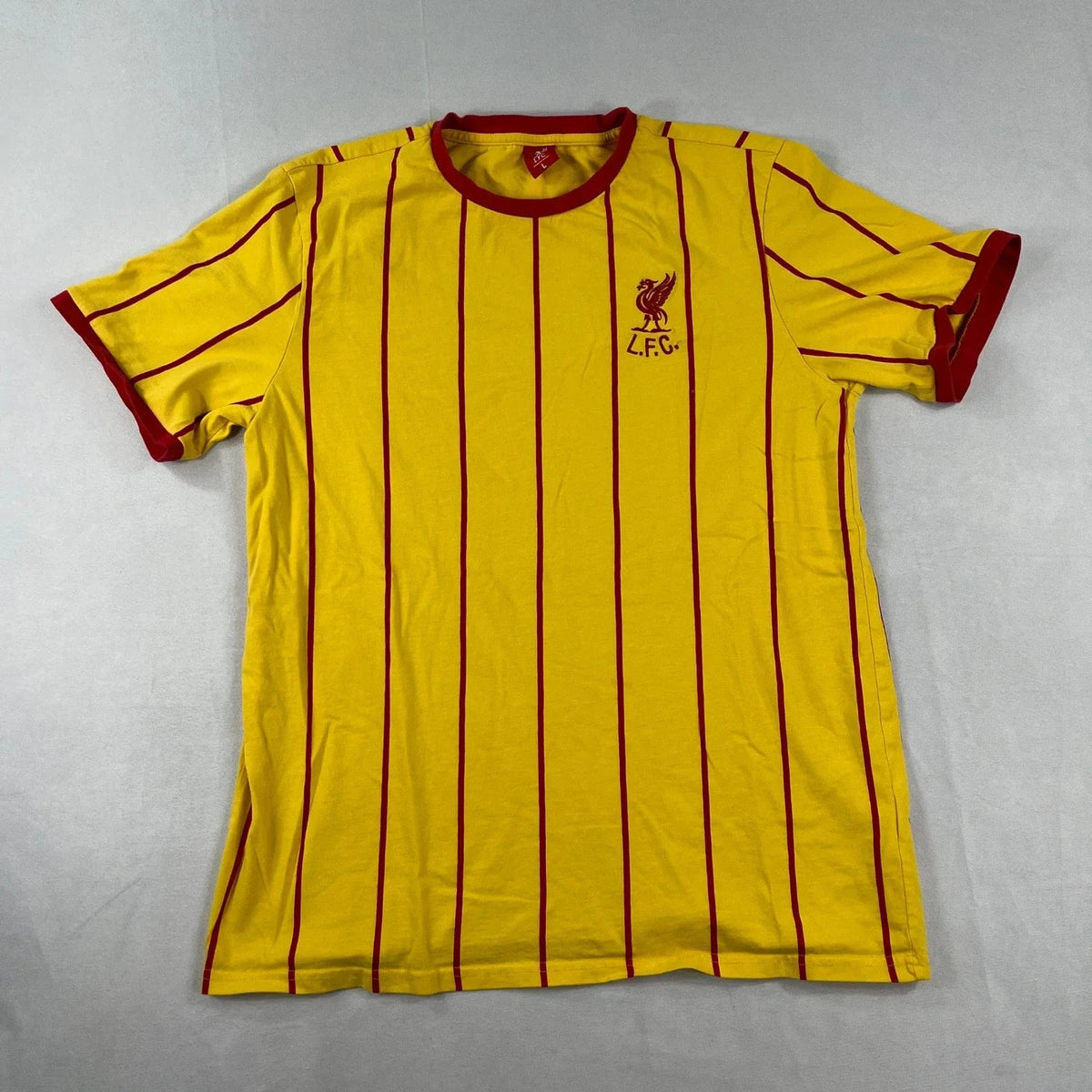 Liverpool FC Yellow Red Pinstripe Ringer Liverbird Crest Mens Large Unisex