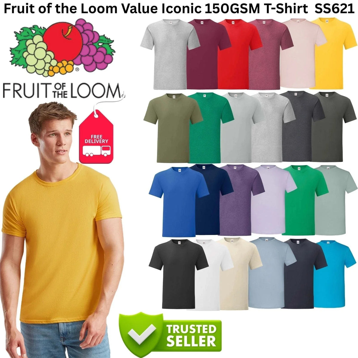 Fruit of the Loom Iconic 150 Mens 150GSM Soft Cotton Plain Short Sleeve Unisex