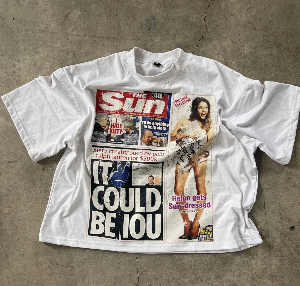 Y2K Graphic Print Men Oversized Streetwear Newspaper Punk Top White Tee Unisex