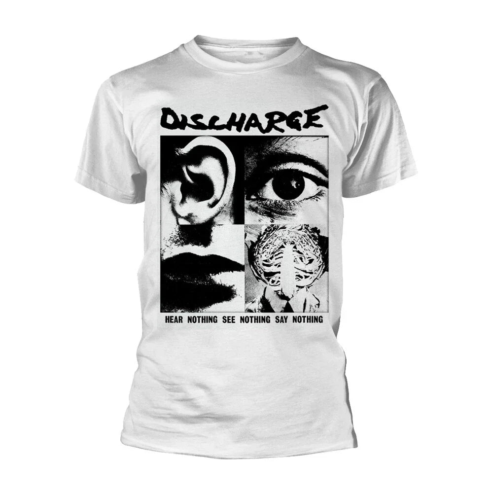 Discharge - HEAR NOTHING SEE NOTHING - A New Official WHITE T SHIRT : punk , oi Unisex