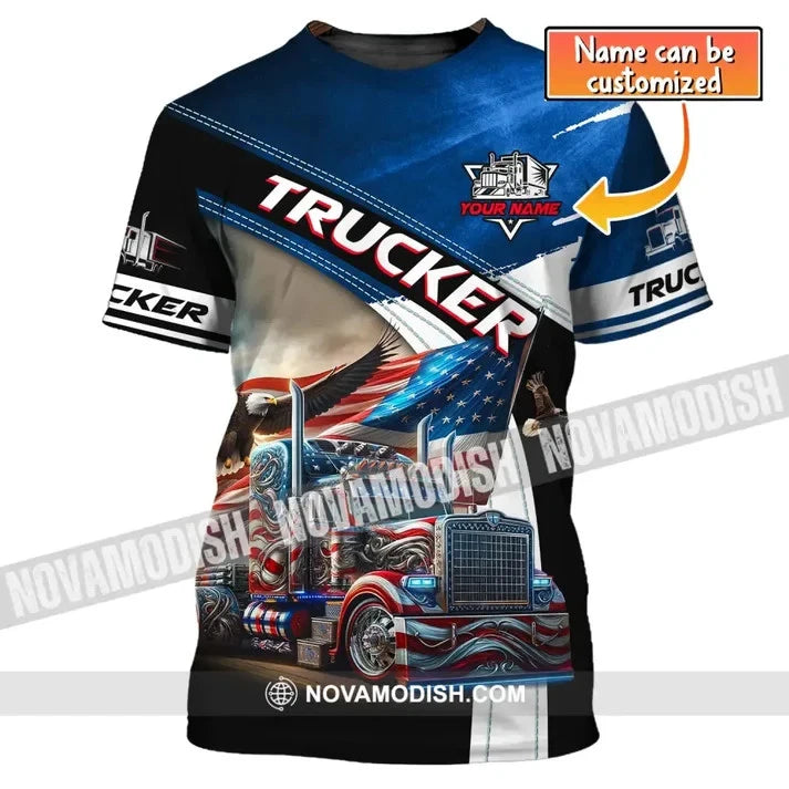 Custom Name Trucker T-Shirt, USA Flag Shirt, Trucker American T-Shirt BS1798