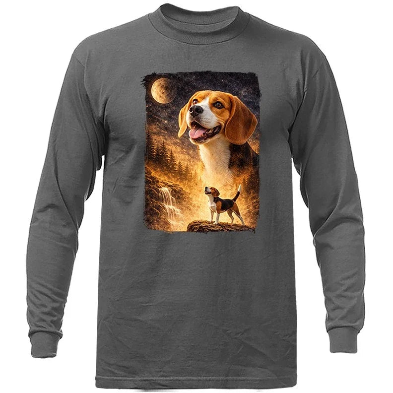 Beagle Howling at Moon Night Forest Dog Waterfall Long Sleeve shirt Unisex