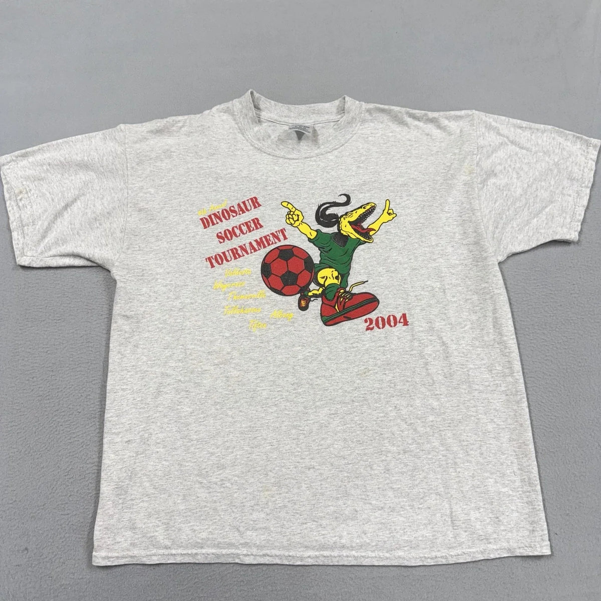 Vintage Jerzees Shirt Mens XL Gray Dinosaur Soccer Tournament 2004 Graphic Tee Unisex