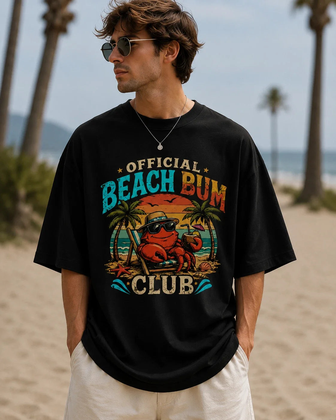 Beach Bum Club Dropped shoulders T Shirt Summer Vacation Crab Graphic NEW Unisex