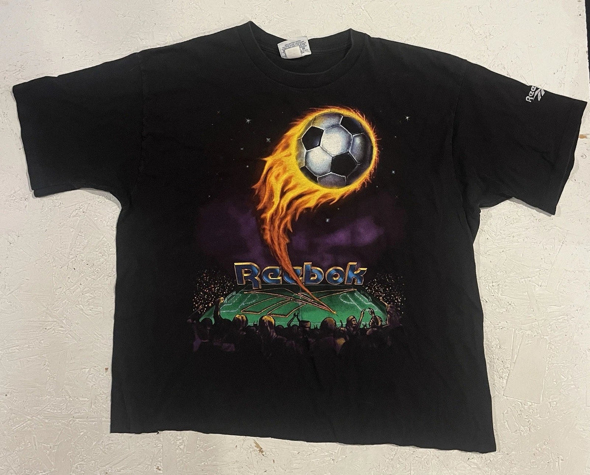 Vintage Reebok Soccer Shirt Fire Stadium Mens XL Black Graphic Print Space FLAW Unisex