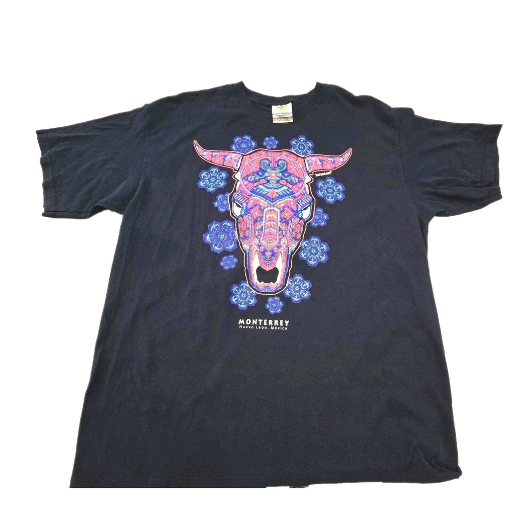 Monterrey Mexico Shirt Mens XL Navy Huichol Bull Skull Graphic Karani-art Tee Unisex
