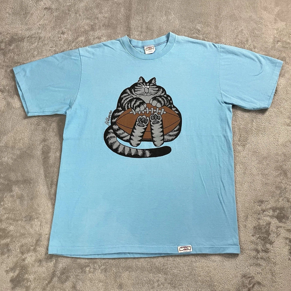 VTG Crazy Shirts Mens Large Teal Blue Graphic Print B Kliban Football Cat 90s Unisex