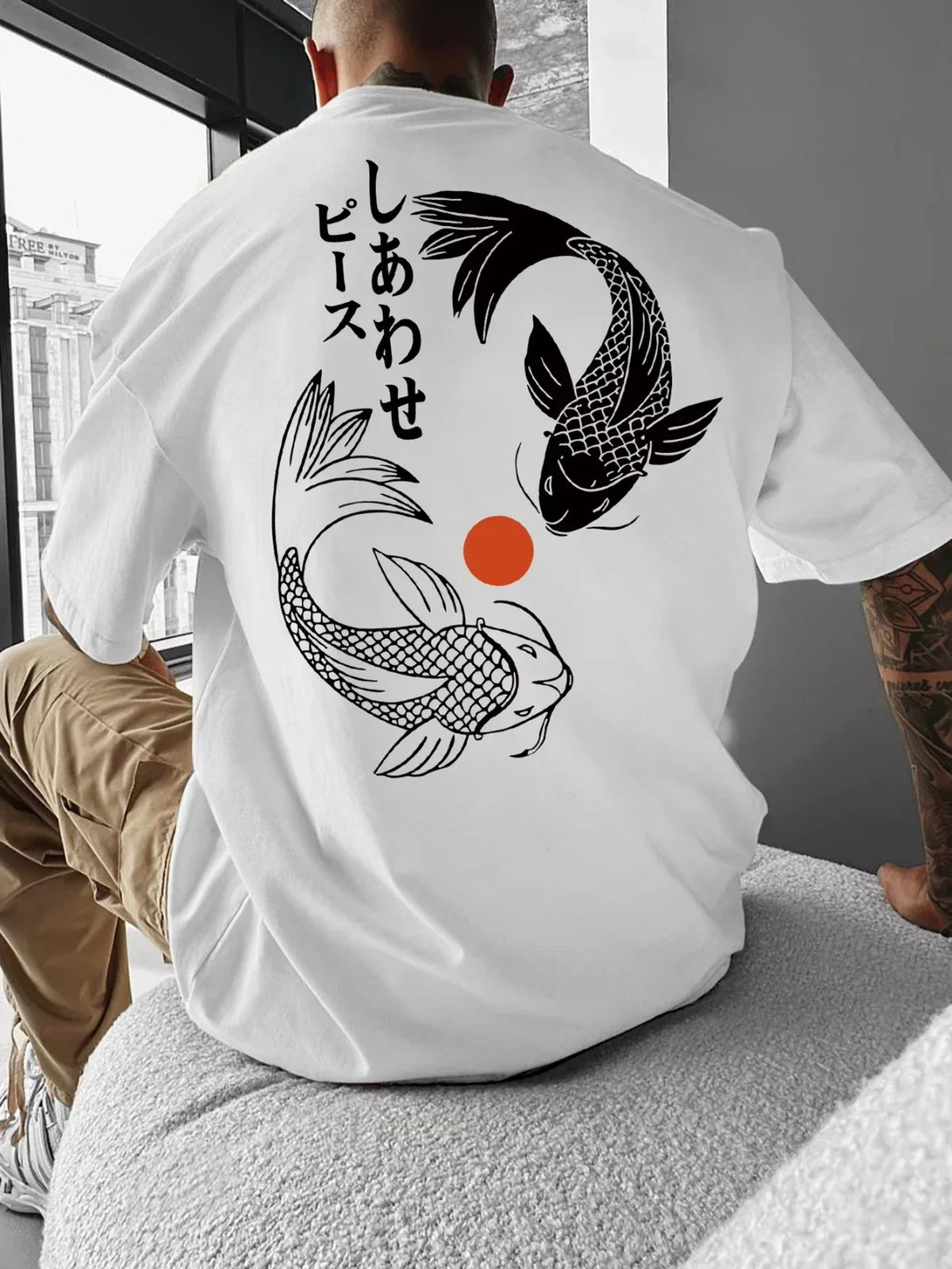 Men's Japanese Yin Yang Koi Fish Graphic Print Oversized 100% Polyester Unisex