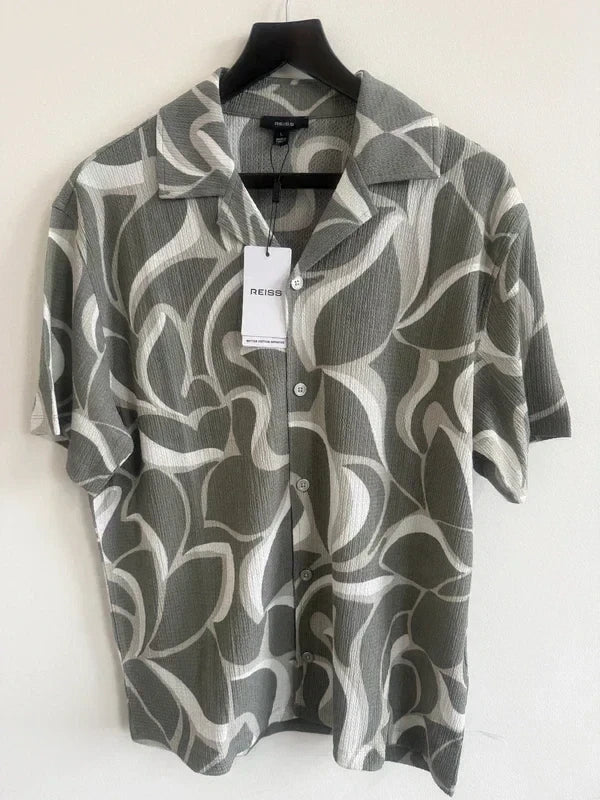 REISS Mens Sage Hays Cuban Collar SS Shirt Designer Textured Printed Polyester Unisex