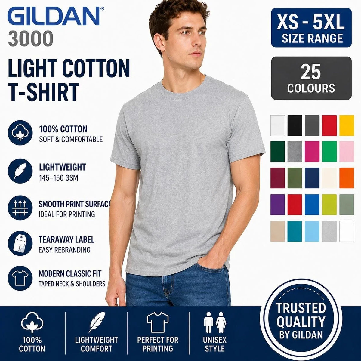 Gildan Light Cotton T Shirt Mens Plain Soft Crew Neck Tee XS-5XL 25 Colours Unisex
