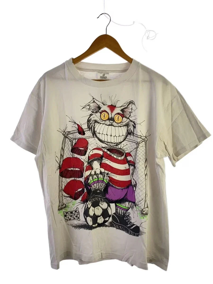 ANDAZIA 90s Alice in Wonderland Cheshire Cat Soccer T shirt L Cotton White Small Unisex