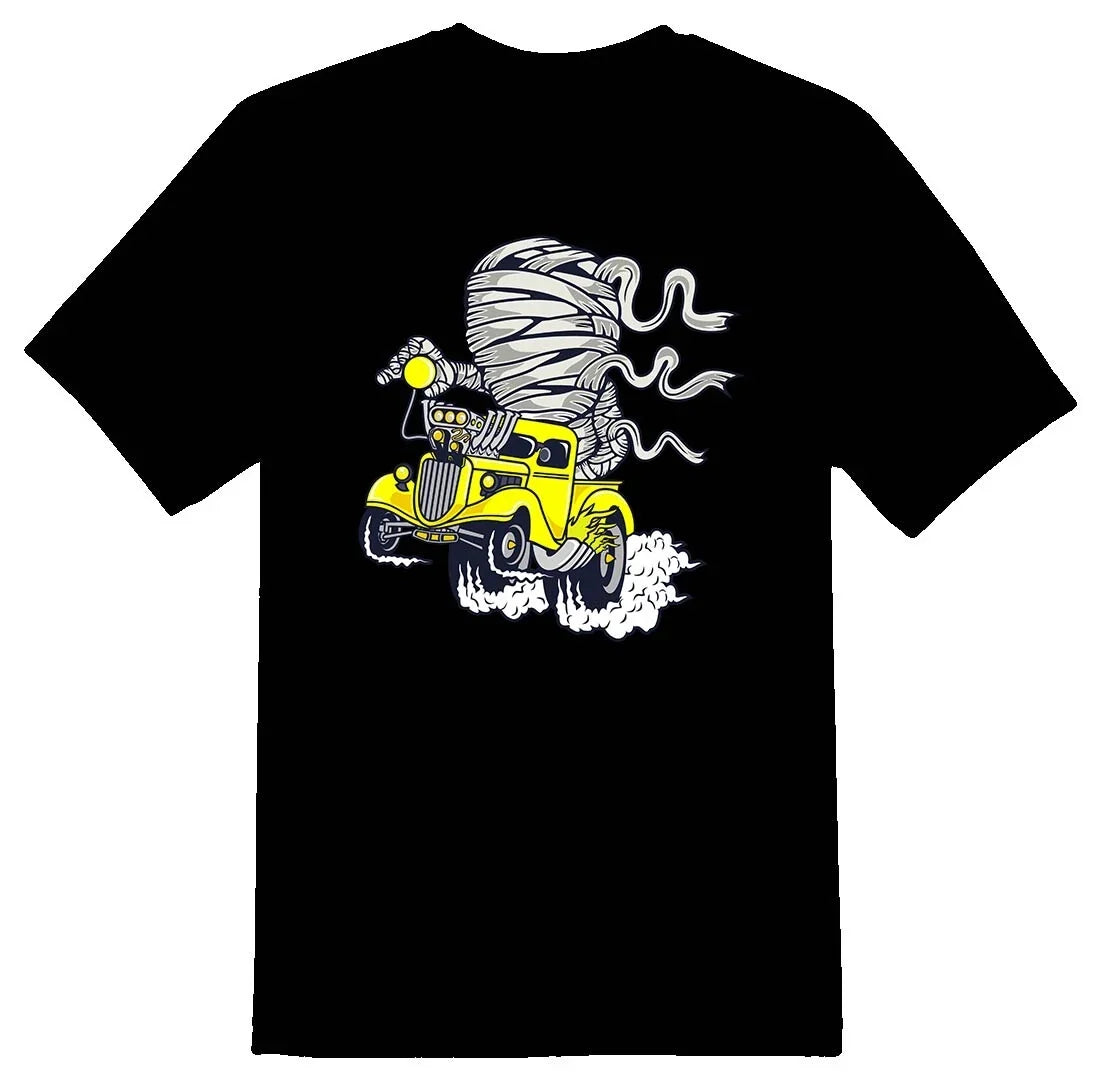 Mummy racer yellow hotrod drag truck Tee shirt black or white Unisex