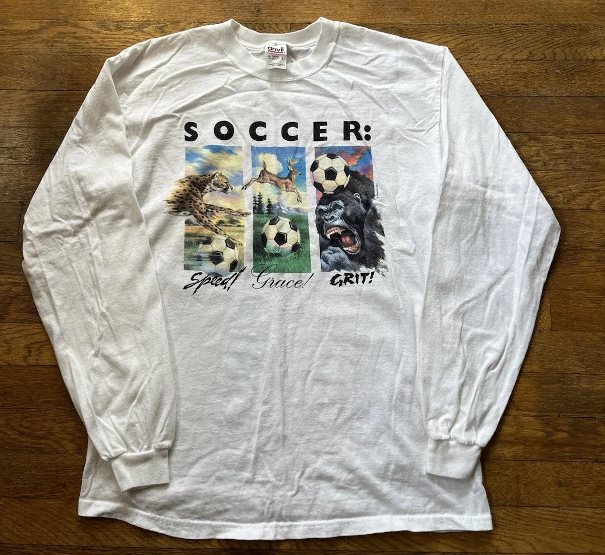 Vintage 90’s Soccer Is Life Animals Human I Tees Long Sleeve Adult Large Unisex