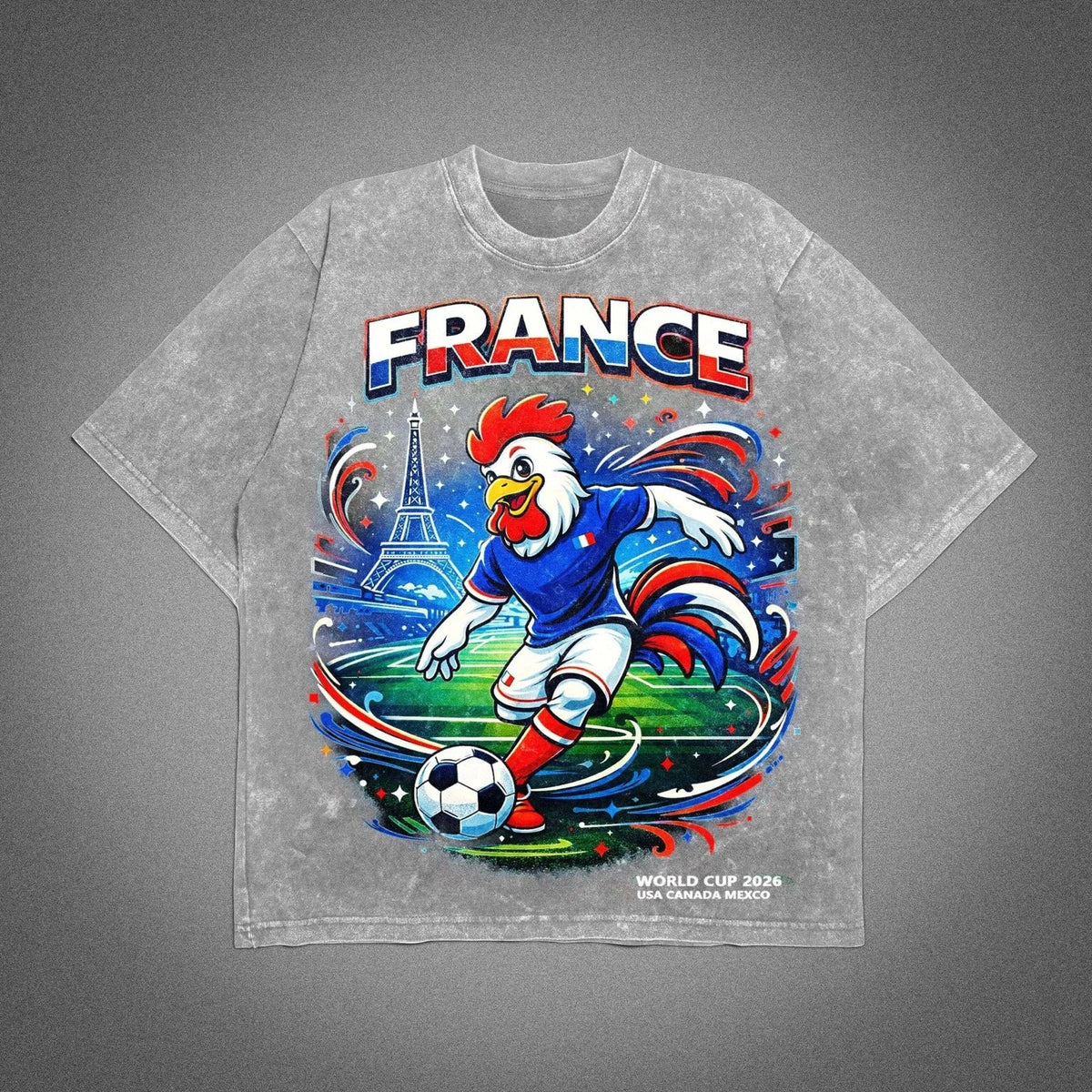 France World Cup 2026 Rooster Washed Soccer Graphic Tee Streetwear Gift Unisex