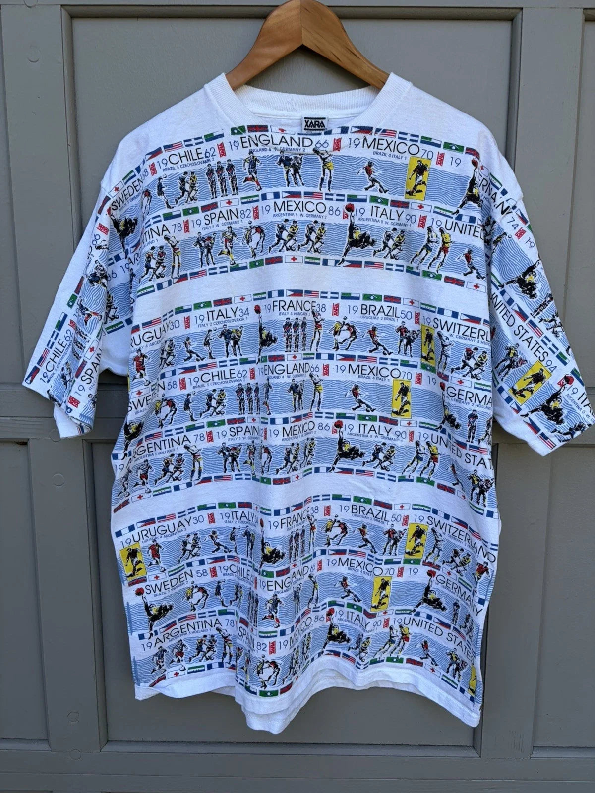 Vtg Xara 1994 AOP World Cup Soccer Graphic Print T Shirt Men’s XL White Cotton Unisex