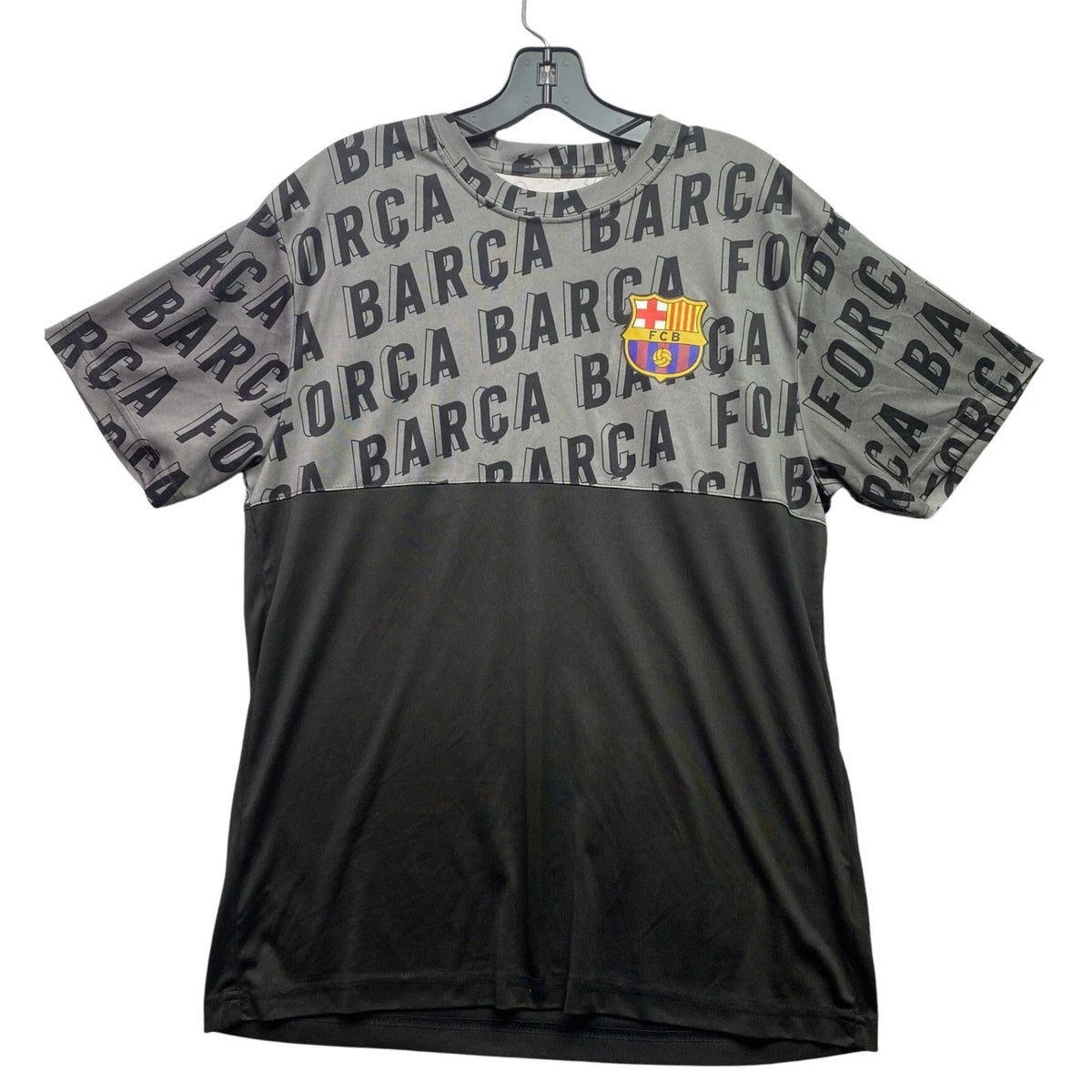 FC Barcelona Soccer Jersey Mens Large Spell Out AOP Athletic Athleisure Unisex