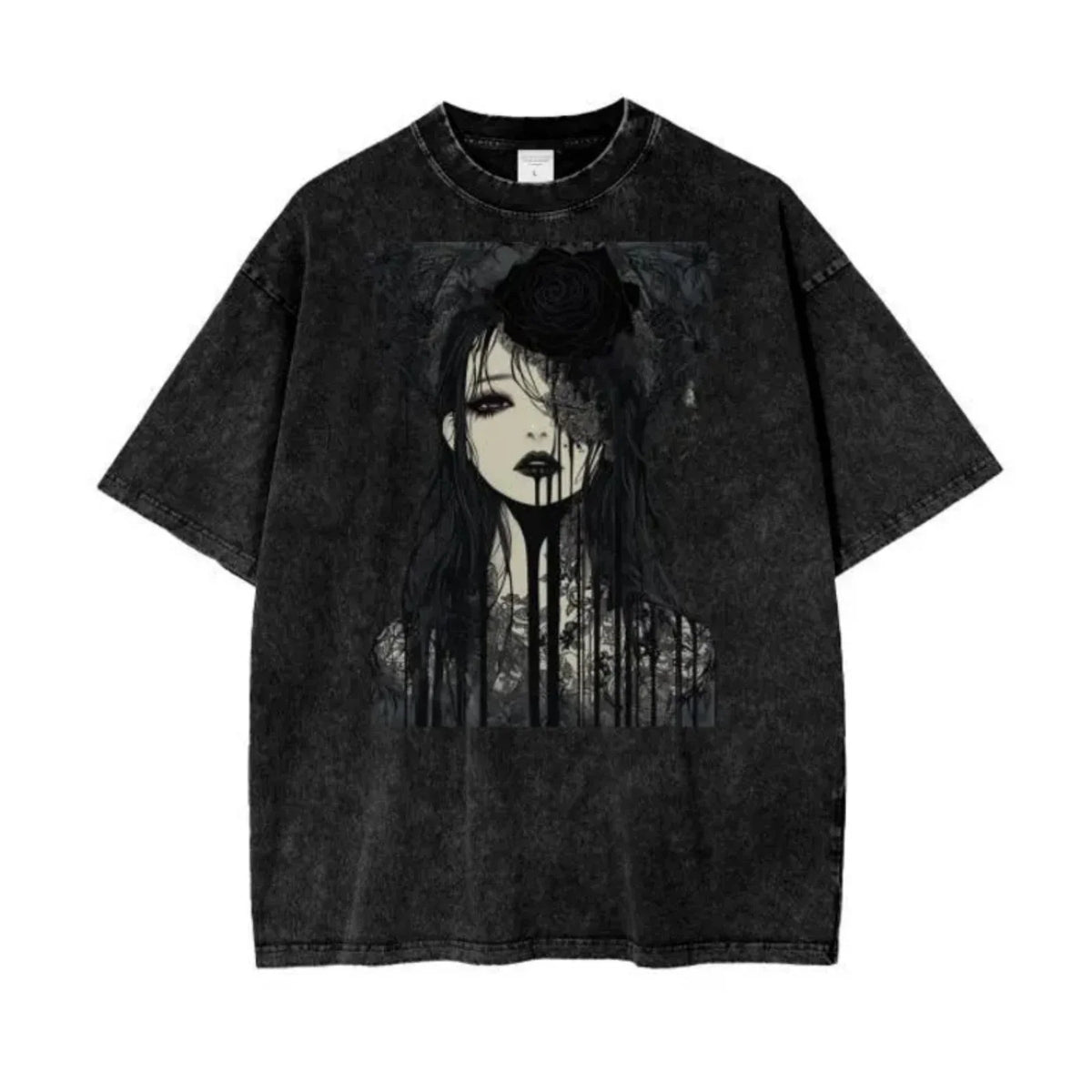Dark Gothic Anime AcidWash Tee Rose Drip Graphic Oversized Unisex TShirt- Unisex