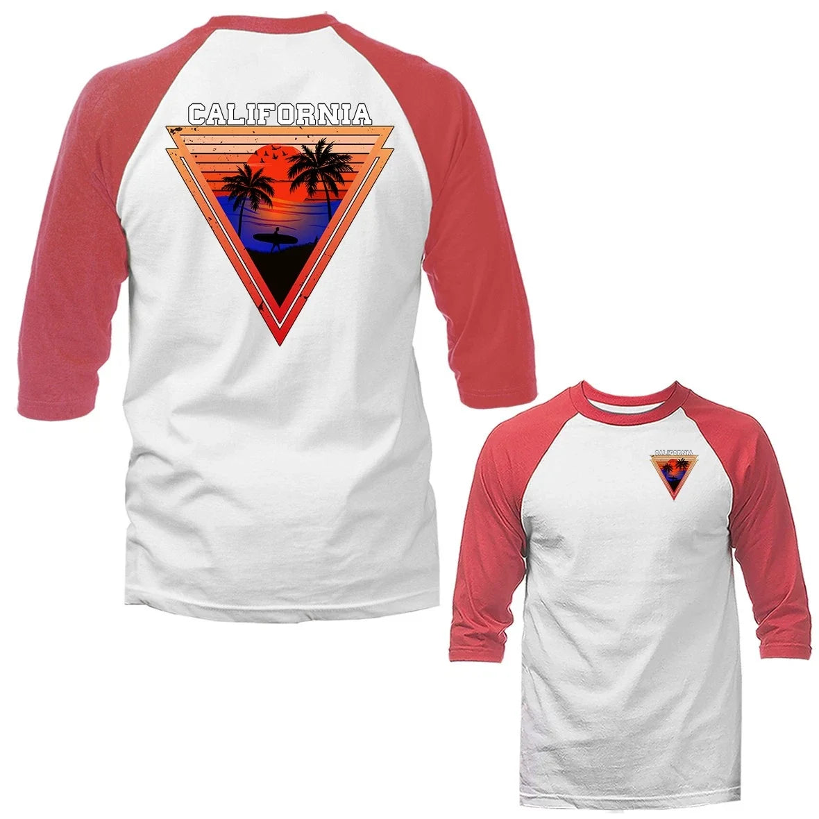 California Sunset Surf Palm Tree Triangle Graphic 3/4 Sleeve Raglan Unisex