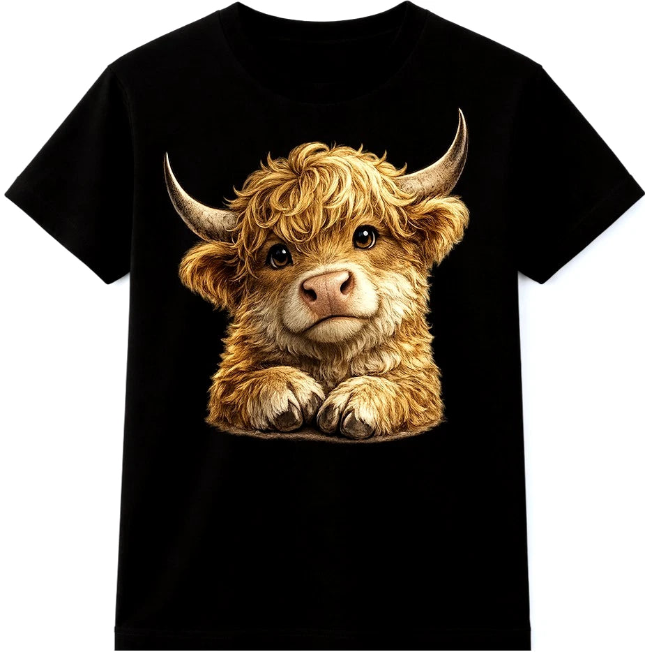 Highland Cow T Shirt Cute Calf Graphic Tee Fluffy Farm Animal Casual Top