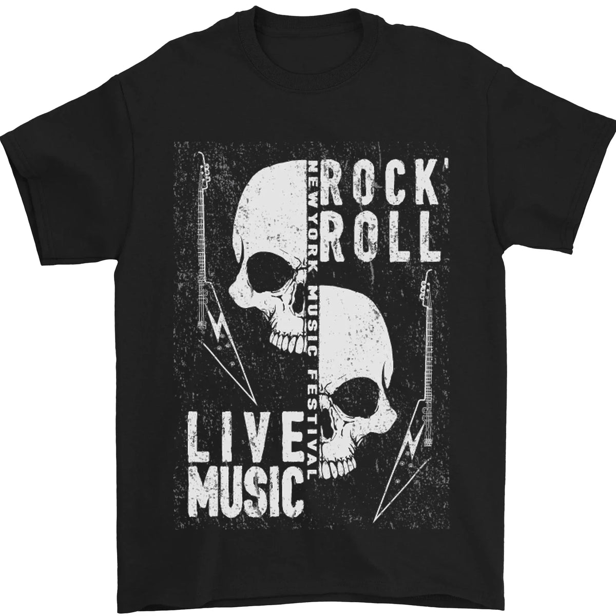 Rock n Roll Live Music Skull Guitar Mens 100% Cotton Unisex