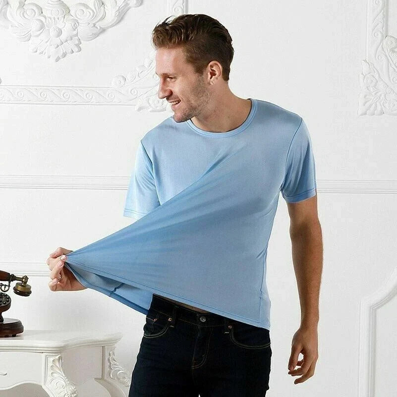 Men 100% Pure Silk Top Knitted Casual Crew Neck Shirts Short Sleeve Soft Unisex