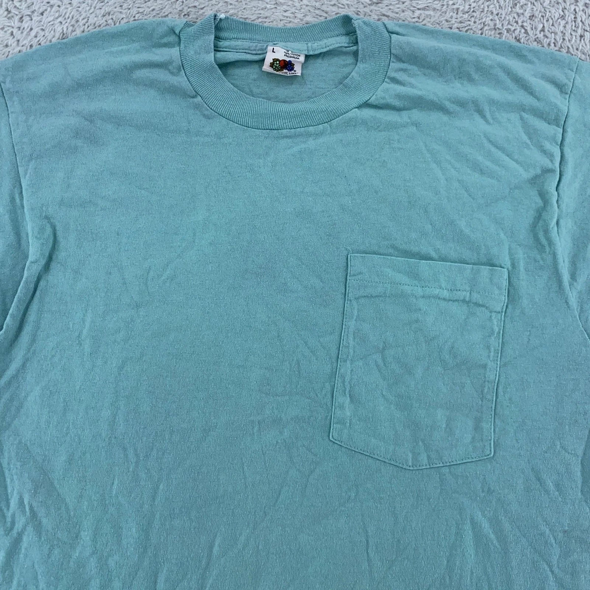 Vintage 90s Fruit of the Loom Blank Light Blue Pocket Shirt Mens Medium Tee USA Unisex
