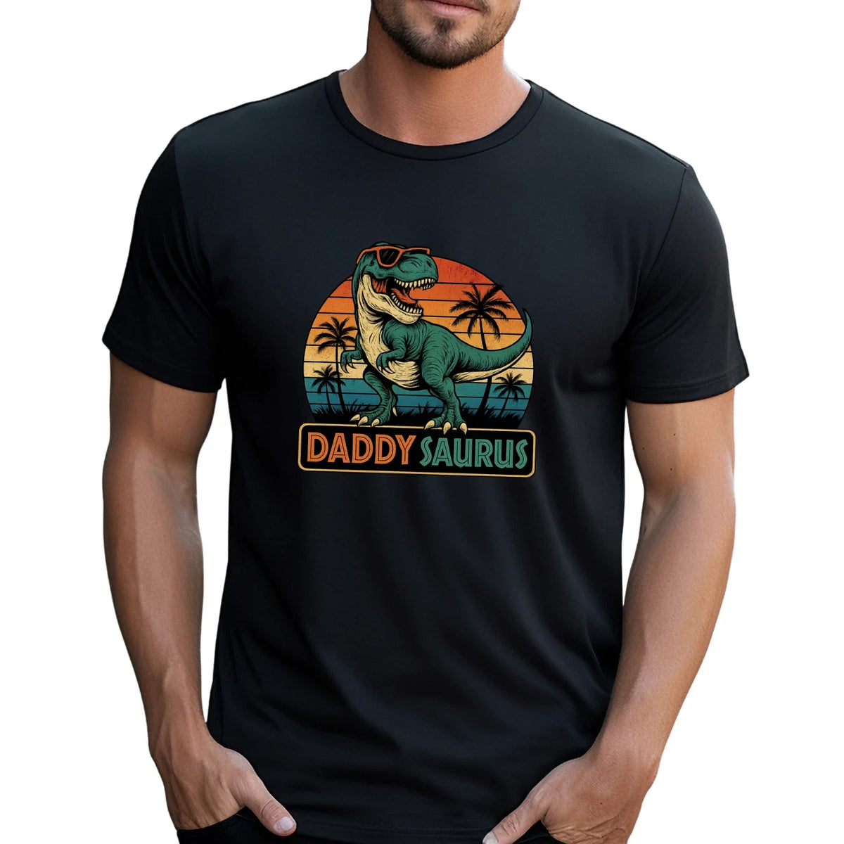 Mens Daddy Saurus Cotton Funny Dinosaur Dad Tee XS-5XL Retro Black Unisex
