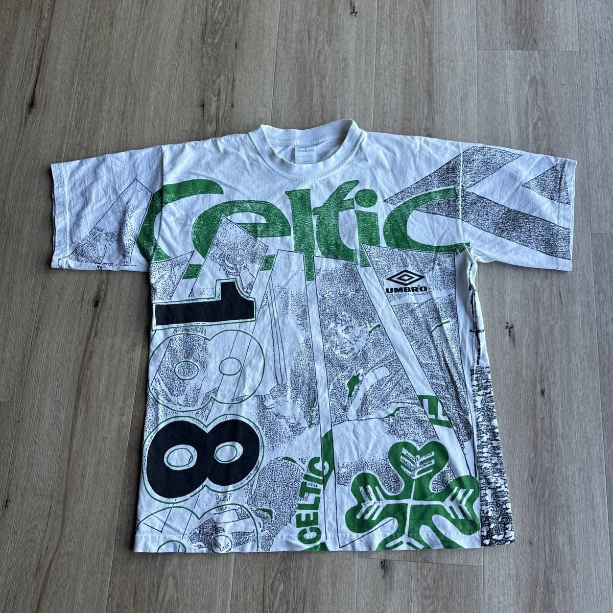 Vintage 90s Celtics Umbro All Over Print T Shirt - Size L Mens Football Grail Unisex