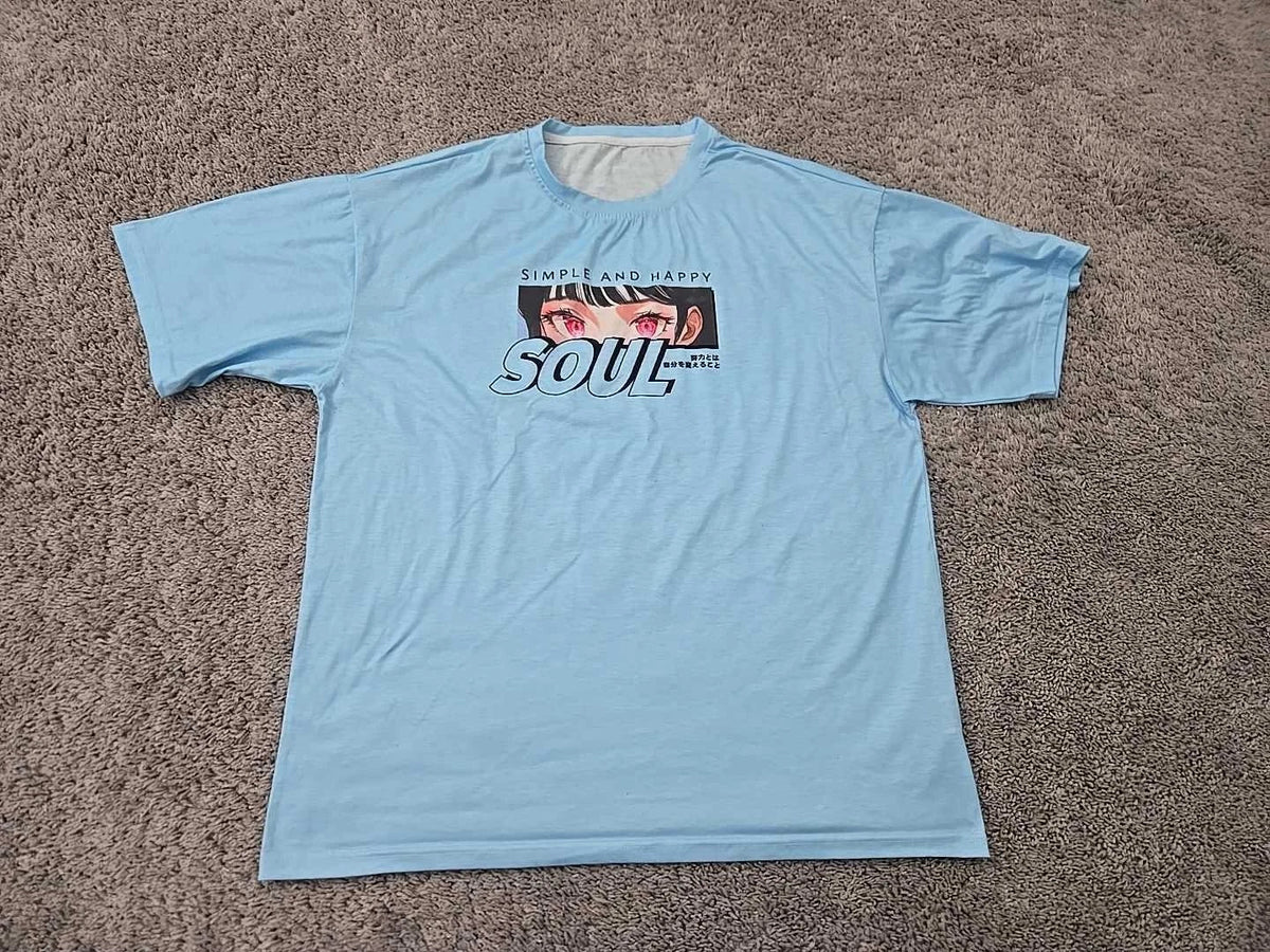 Simple and Happy Soul T Shirt Mens L Blue Short Sleeve Manga Inspired Anime Unisex