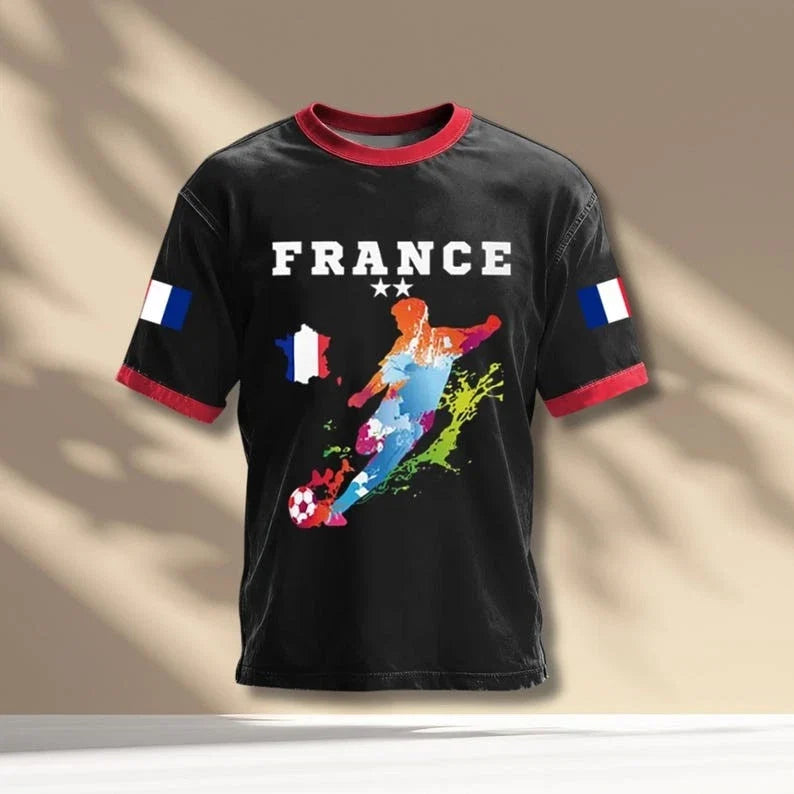 France Soccer Fan Graphic Ringer Tee, Tricolor Flag Sleeves, Color Splash Player Unisex