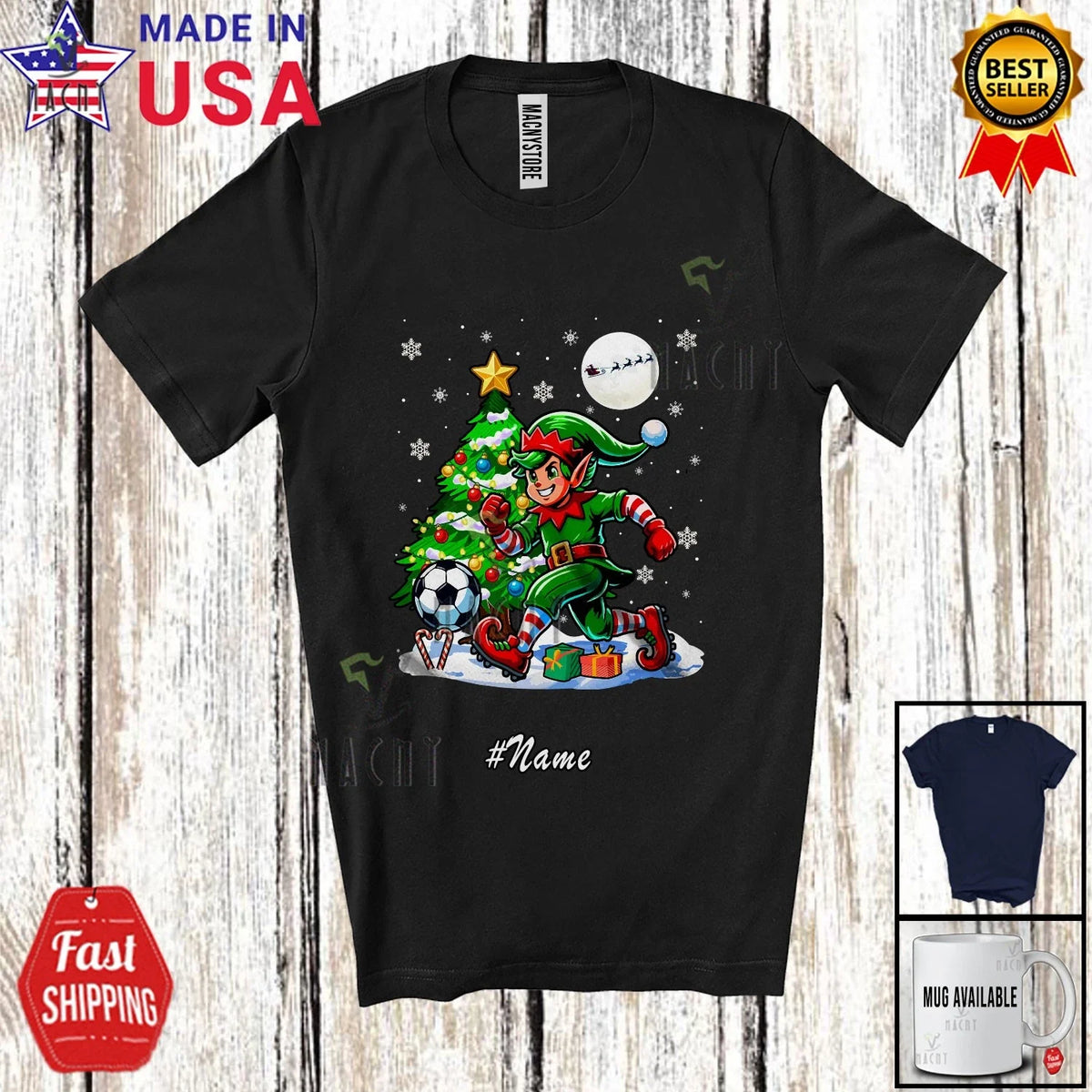 Custom Name Elf Playing Soccer; Christmas Tree Sport Player Lover Team Unisex