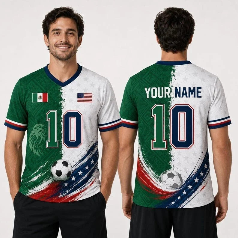 Personalized USA Mexico Split Soccer Jersey, Football Fan Gift for Father, Husba Unisex