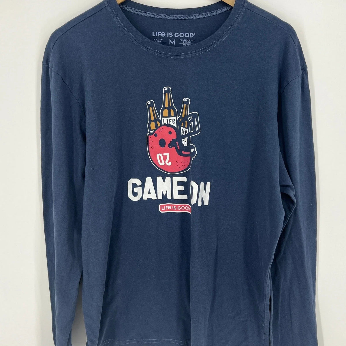Life is Good Game On Long Sleeve Blue T Shirt Football Size M Unisex