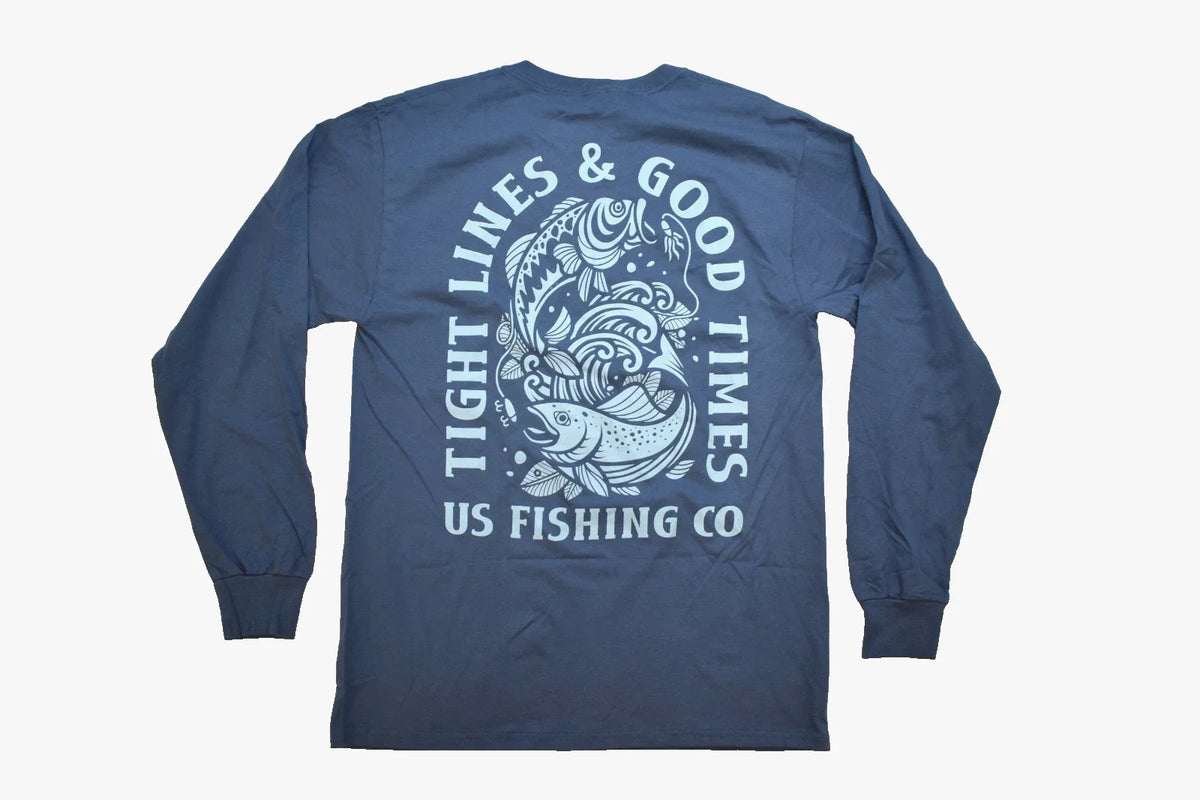 US Fishing Co. Mens Tight Lines, Good Times Long Sleeve Blue Shirt New S-XL Unisex
