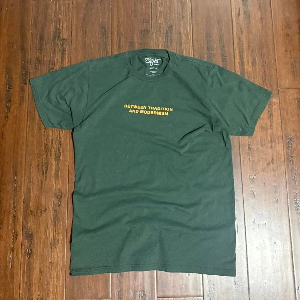 Green and yellow "Between Tradition and Modernism" cotton tee Size:M Unisex