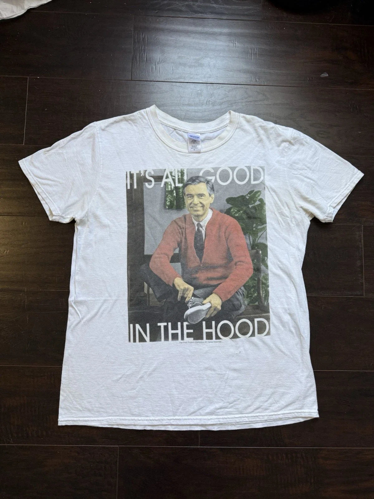 Mister Rogers Shirt White Funny Graphic Its All Good Hood Tee Mens Size Large Unisex