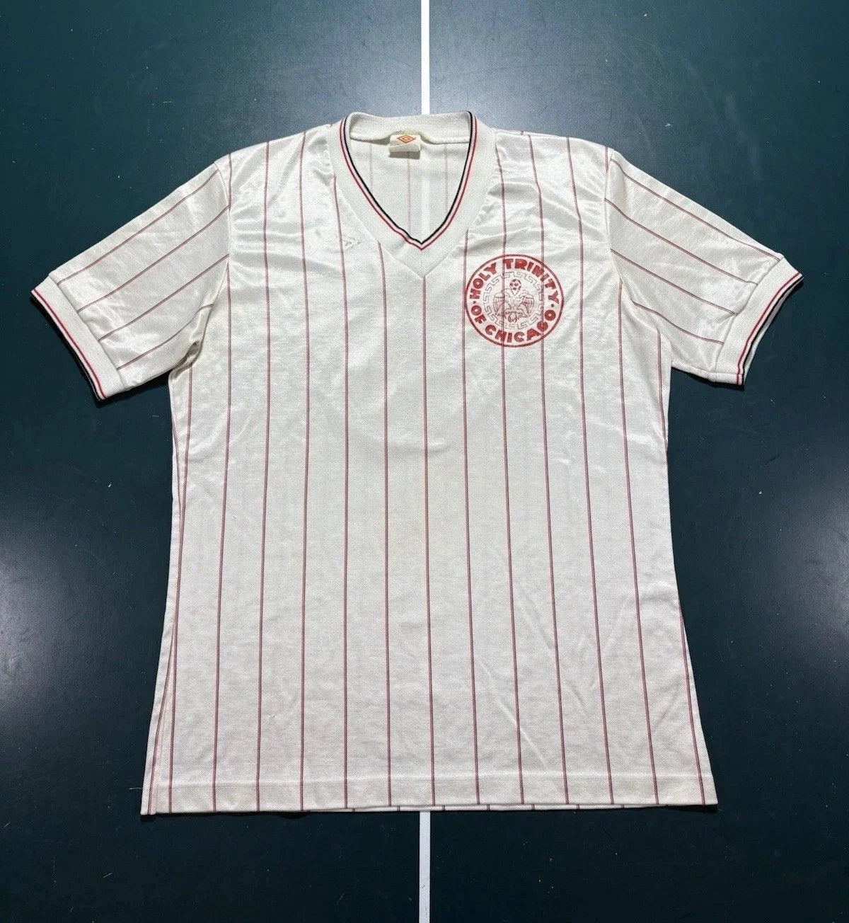 Vintage 80s Umbro Holy Trinity Of Chicago Soccer Jersey Large Pinstriped Satin Unisex